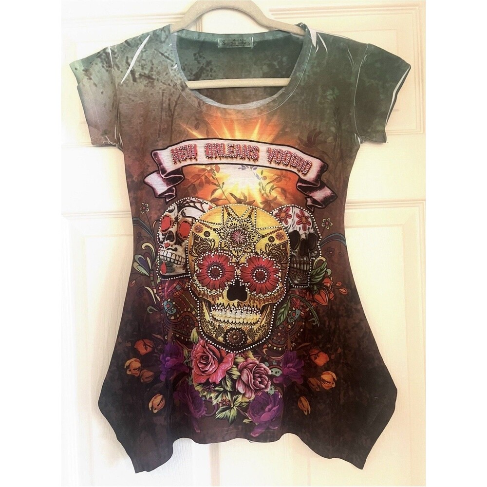 Maxi & Co New Orleans Voodoo Shirt S Sugar Skull Rhinstone Bling Y2K Graphic Top